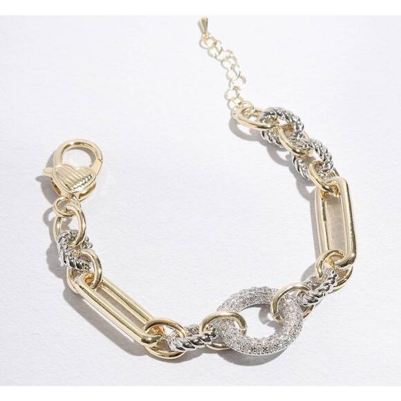 Multi-Toned Chunky Chain Linked CZ Bracelet 6,75 W/ Pave Circle - Picture 3 of 6